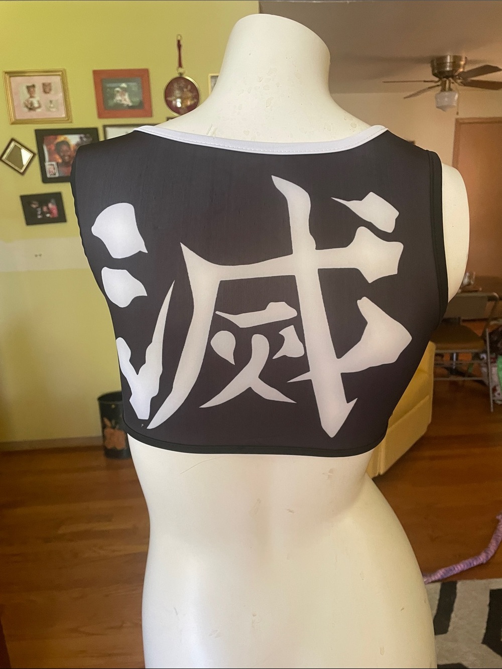 Demon Slayer Tengen Uzui Black Crop Top/Swim Top with White Graphic Kanji